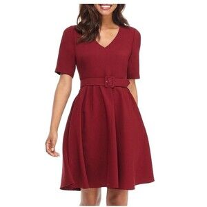 Gal Meets Glam Clara Fit‎ & Flare Dress Dark Red Belted Short Sleeves Size 10